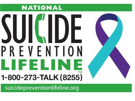 National Suicide Prevention Lifeline logo with contact information and mental health support resources.