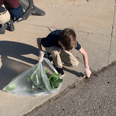 A young student at LCA leans down to clean the sidewalk outside of the school.